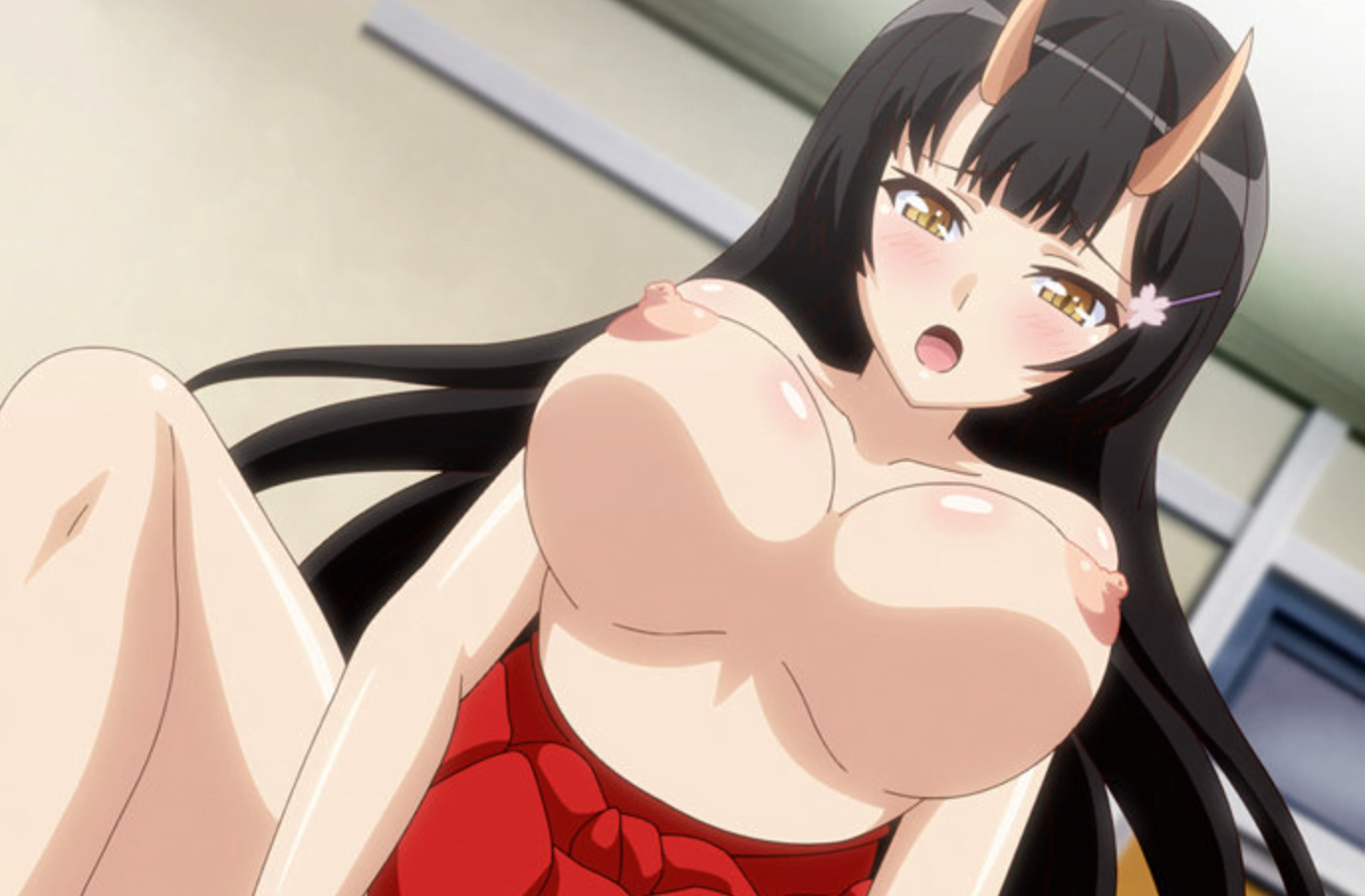 鬼族の当主を務める巨乳で幼馴染の姫巫女が転入してきて、おっぱいを揉み発情させて立ちバックや騎乗位で中出しセックス