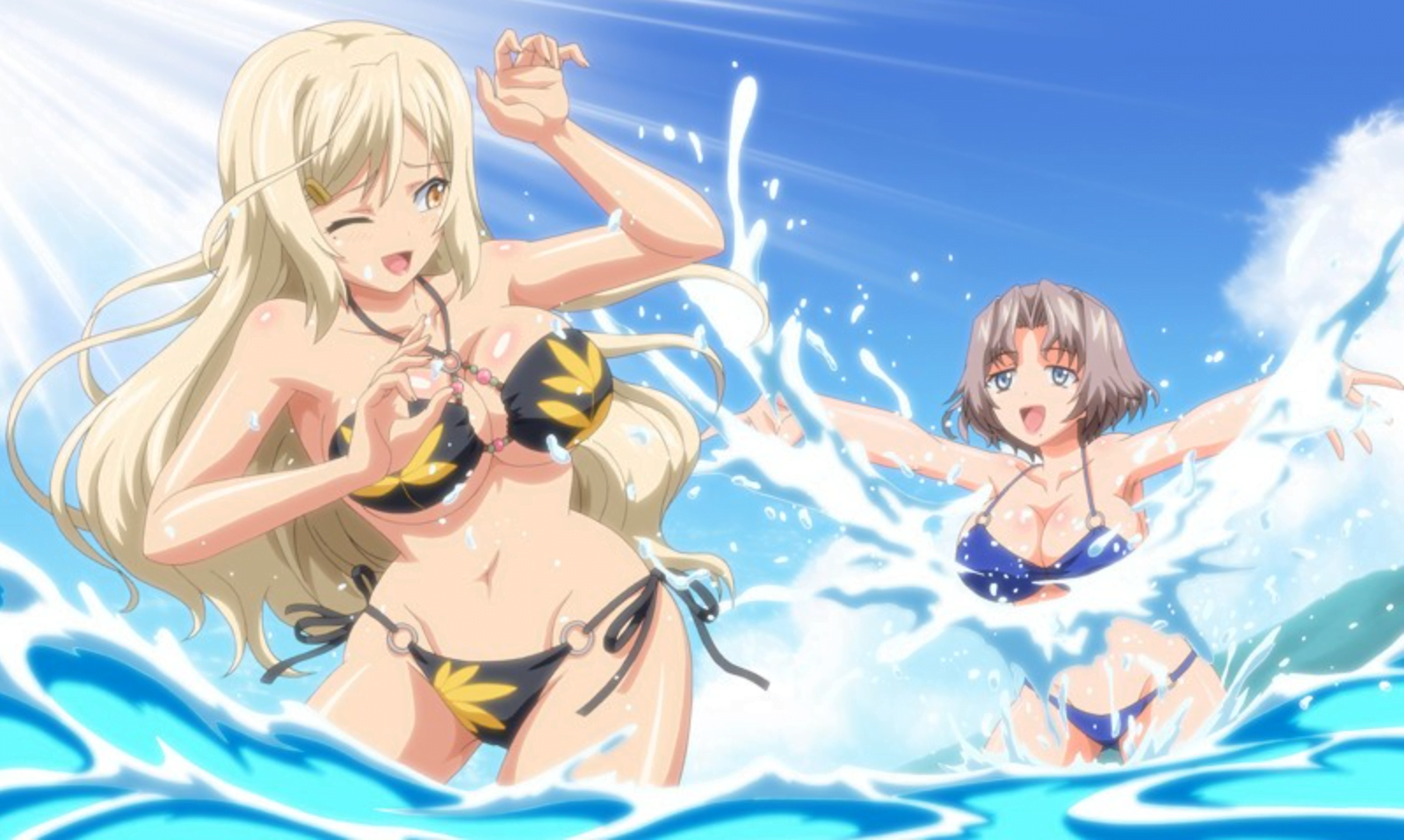 【エロアニメ】セフレたちと海に遊びに行き、人気のないところで水着姿のセフレと野外セックスをして、温泉露天風呂でも性交