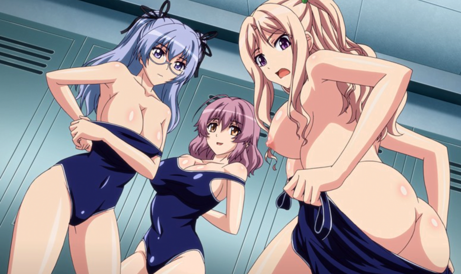 スクール水着姿の巨乳女子校生達をプールの更衣室で発見して、尻を並べて手マンをして中出しセックスで精子を注ぐ