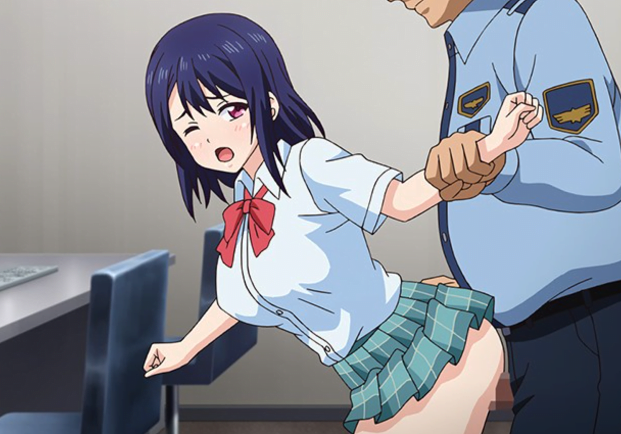 警備員のおじさんが巨乳JKを空き教室に連れ込み、臭い肉棒をフェラさせてバックでJK肉膣に挿入して精子を中出し