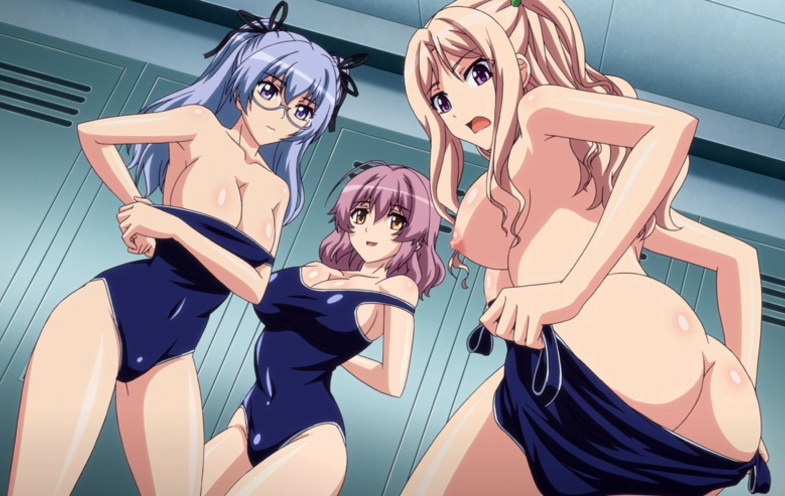 プールの更衣室に忍び込み、スクール水着姿の巨乳JKたちがおっぱいを揉んで戯れ合っているところ時間停止をして迫る