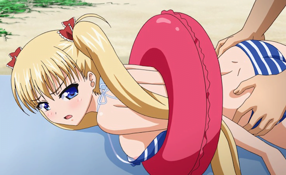 【エロアニメ】金髪ツインテールのロリ義娘JKがうつ伏せで休んでいるところ、オイルと見せかけてローションを塗る