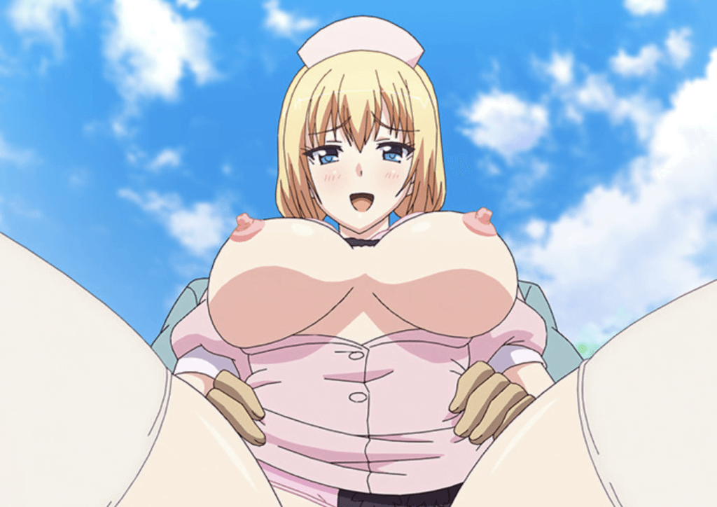 【エロアニメ】金髪巨乳の淫乱ナースが患者と野外で中出しセックス